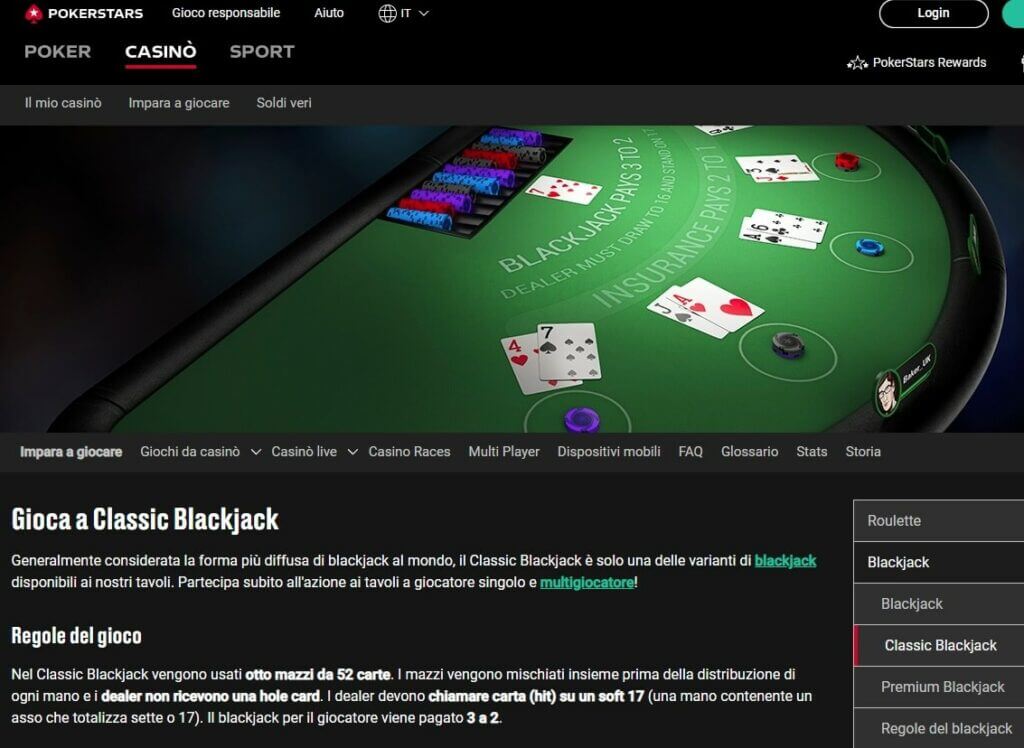 PokerStars Casino - spiegazione Blackjack